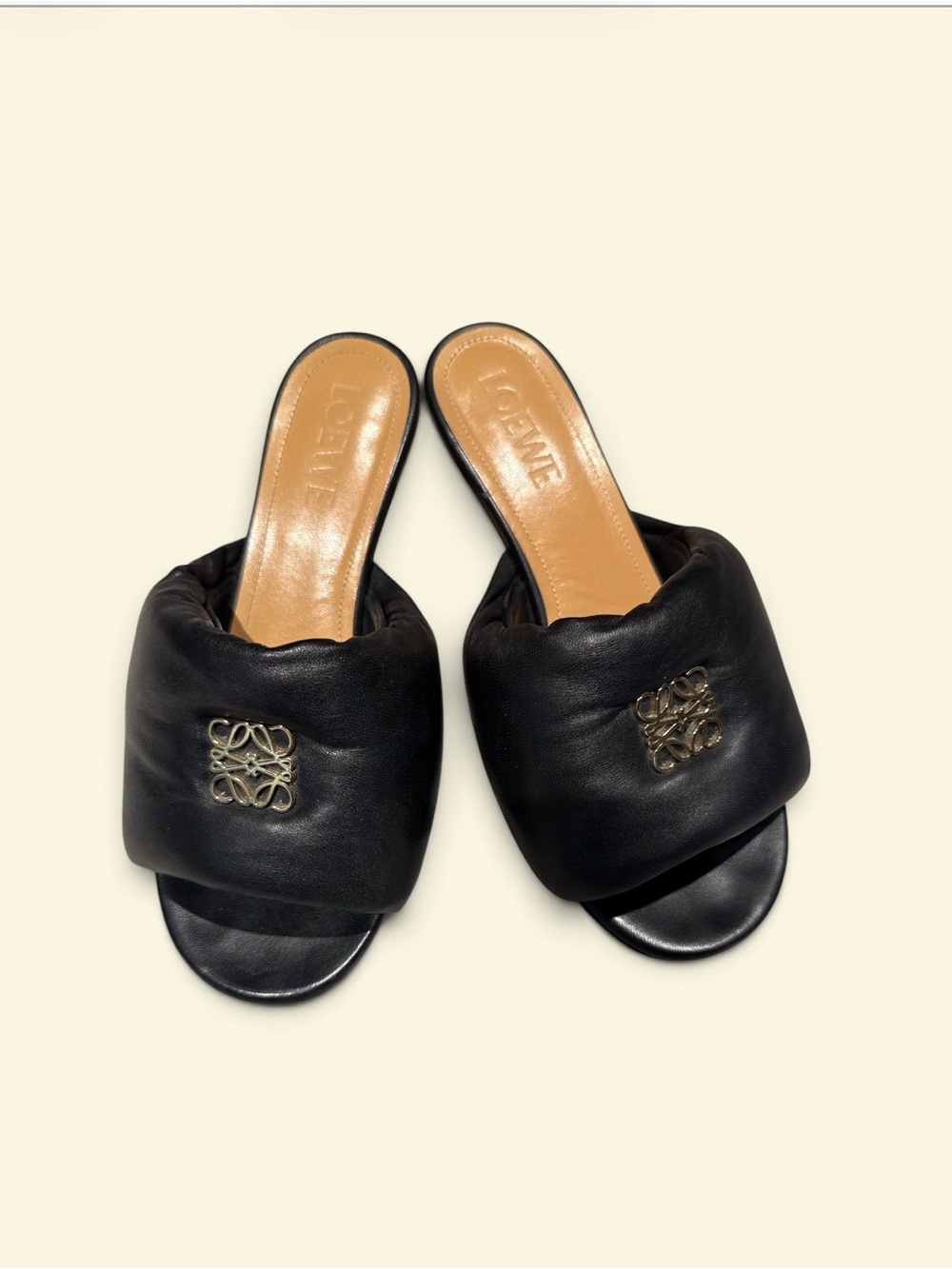 Loewe Black Padded Leather Slide Mules with Gold Anagram